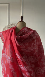 将图像加载到图库查看器中， Close view of the stitchwork on the red saree