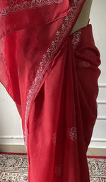 将图像加载到图库查看器中， Red saree draped to show the fall of the fabric