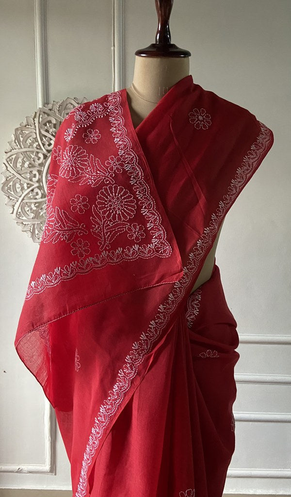Body of the red saree, chikankari across the ground