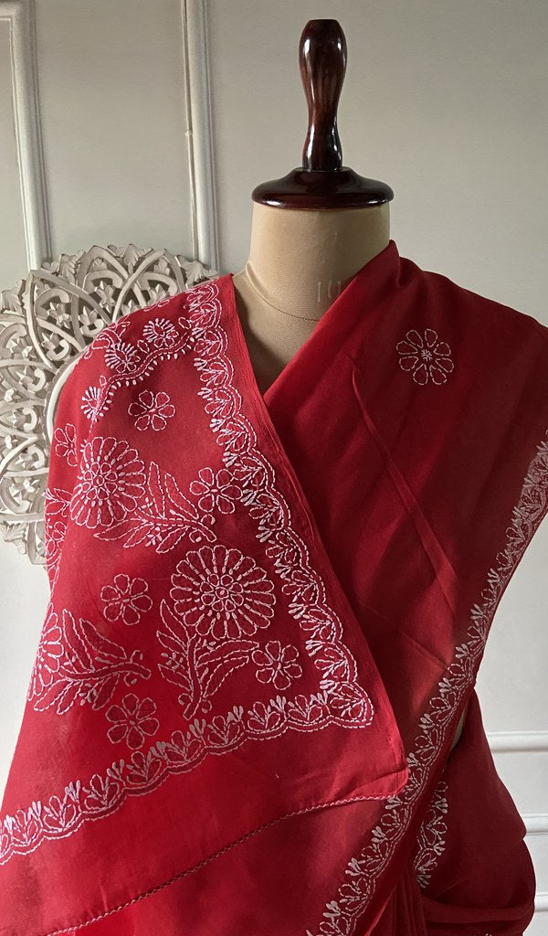 Chikankari and border together on the red saree