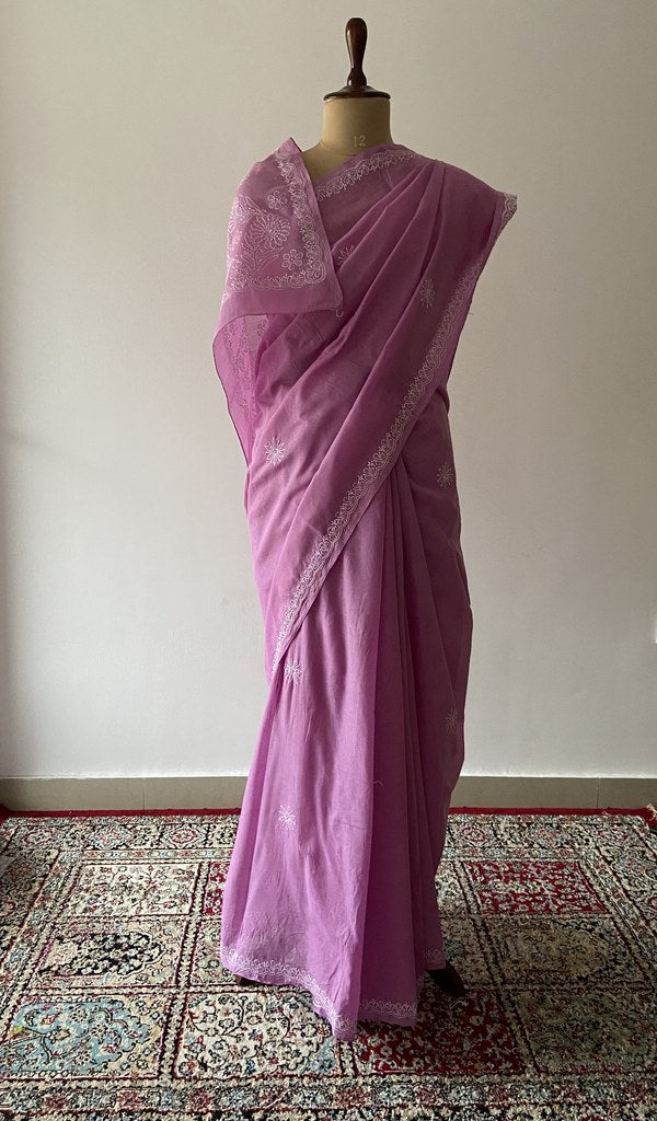 Orchid Pink cotton voile chikankari saree draped on the mannequin