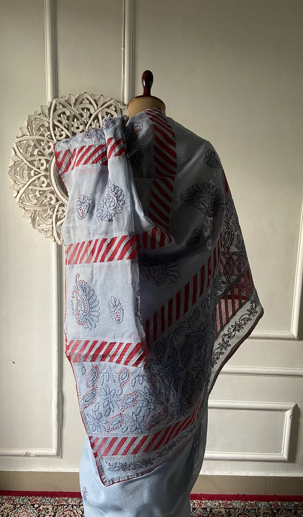 Grey blue cotton voile saree, back of the drape