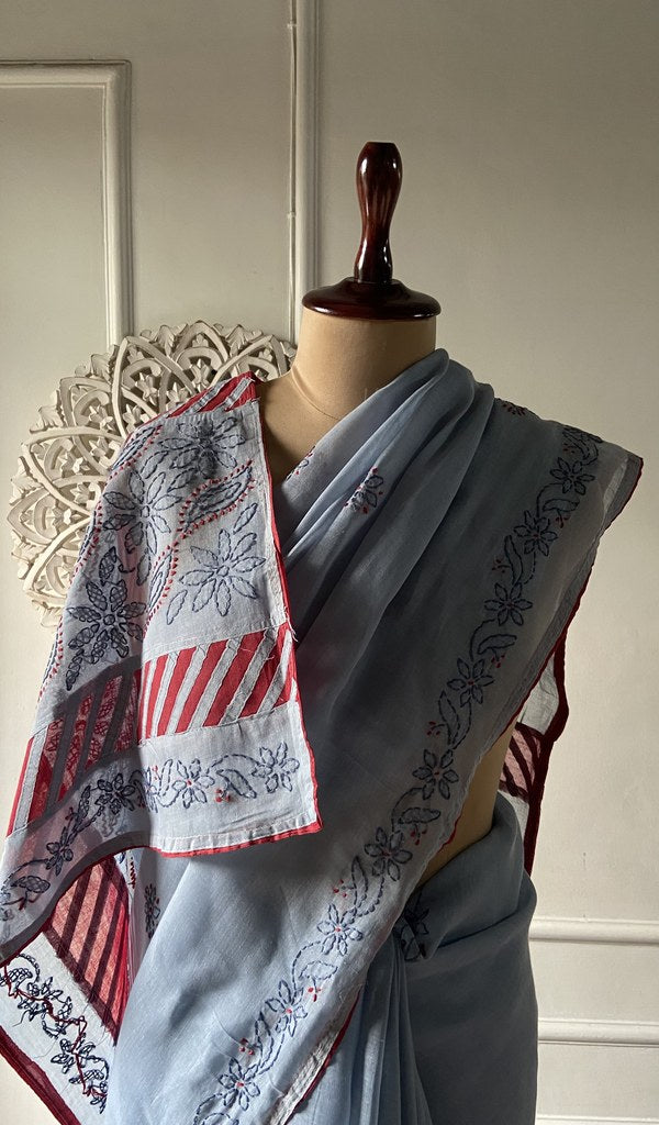 Grey blue cotton voile saree, full length on the mannequin
