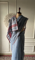 Load image into Gallery viewer, Pallu of the grey blue saree, chikankari worked across it