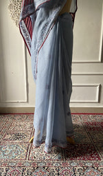 Load image into Gallery viewer, Border detail on the grey blue cotton voile saree