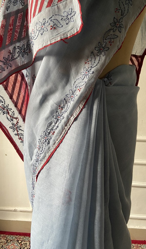Pallu folded over the shoulder, work visible