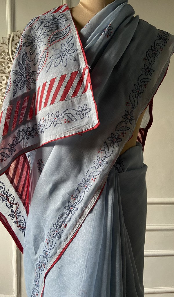 Body of the grey blue saree, chikankari across the ground