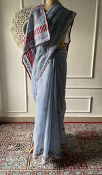 Load image into Gallery viewer, Chikankari and border together on the grey blue saree