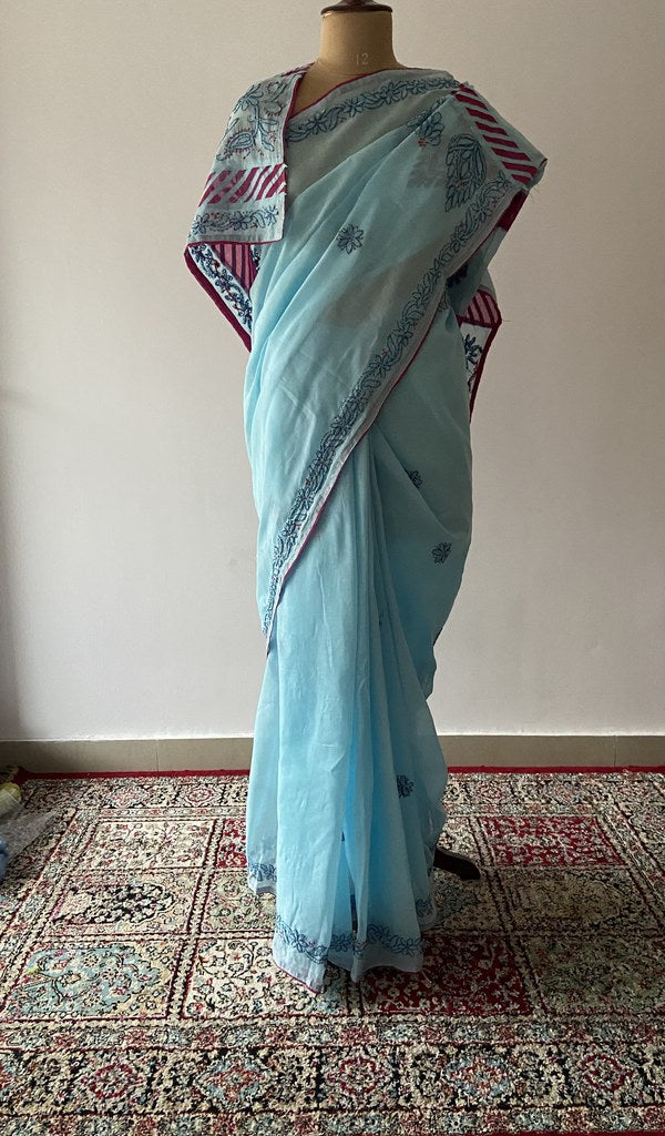 Light Blue cotton voile chikankari saree draped on the mannequin