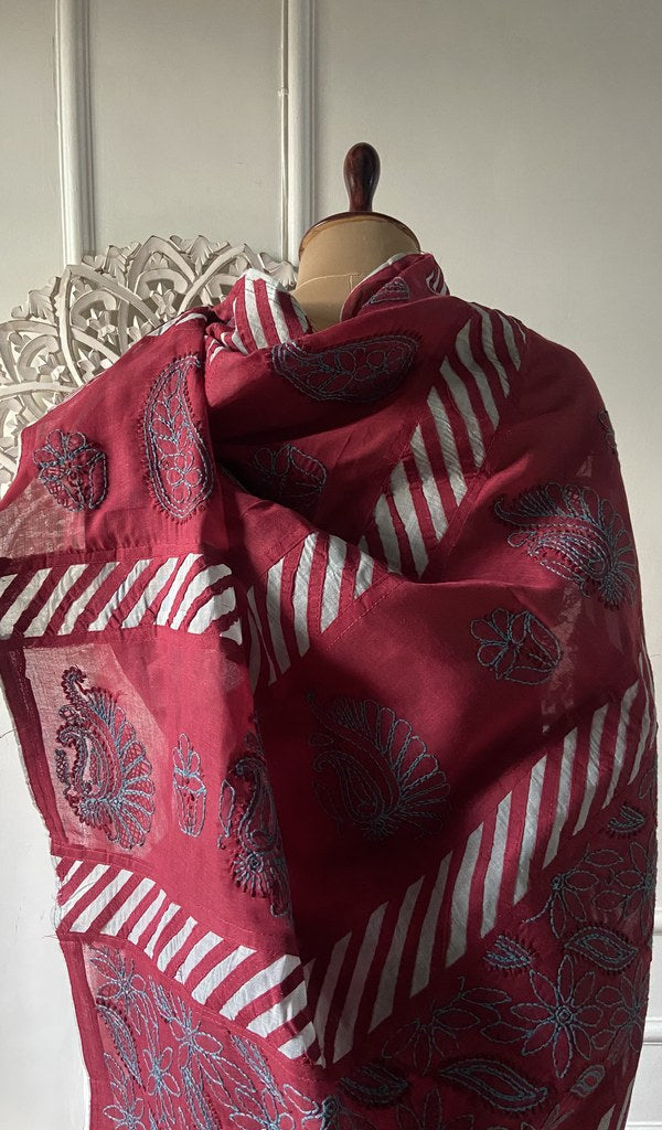 Chikankari and border together on the maroon saree