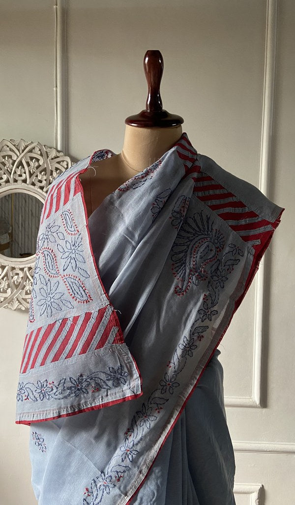 Grey cotton voile saree, full length on the mannequin