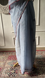 Load image into Gallery viewer, Pallu of the grey saree, chikankari worked across it