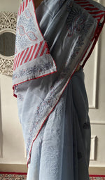 Load image into Gallery viewer, Body of the grey saree, chikankari across the ground