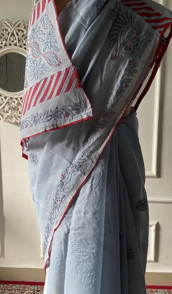 Body of the grey saree, chikankari across the ground