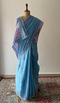 Yasmin — Light Blue Cotton Voile Chikankari Saree — Pink block print border