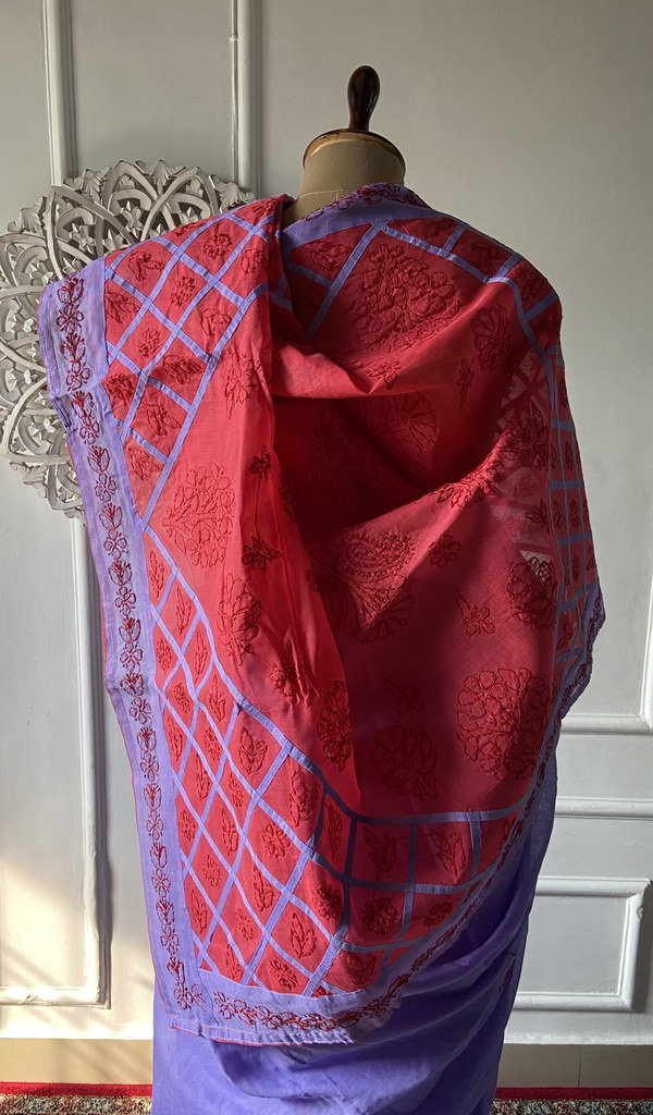 Lavender cotton voile saree, back of the drape