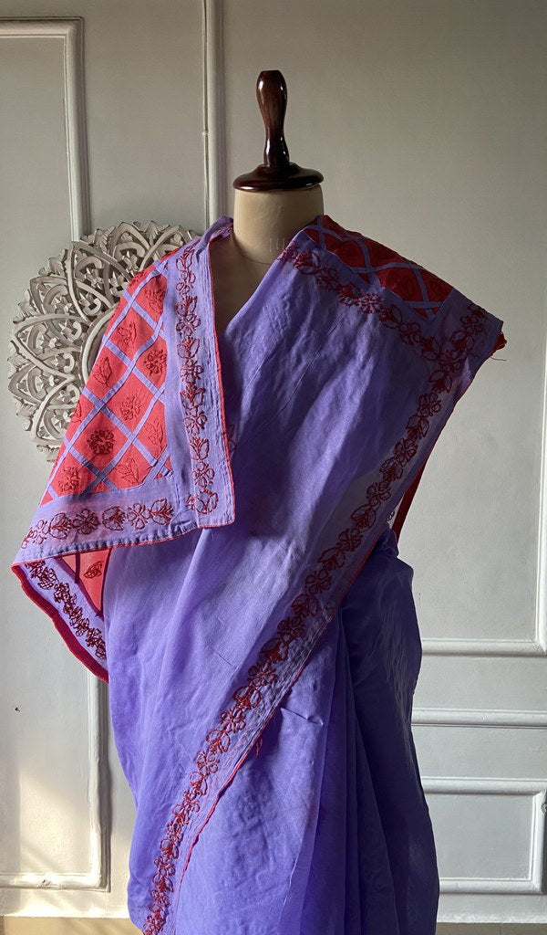 Lavender cotton voile saree, full length on the mannequin