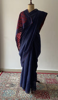 Yasmin — Navy Cotton Voile Chikankari Saree — Red trellis