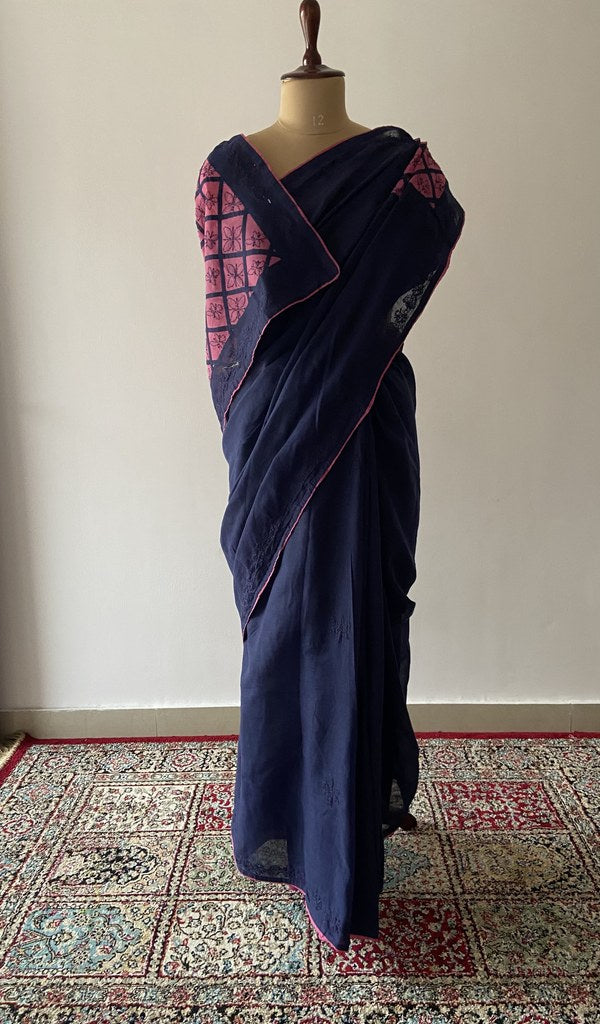 Navy cotton voile chikankari saree draped on the mannequin
