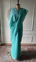 Load image into Gallery viewer, Turquoise cotton voile chikankari saree draped on the mannequin