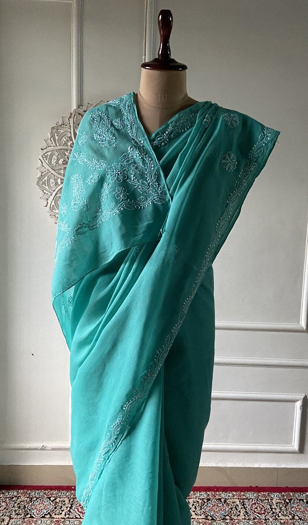 Turquoise cotton voile saree, full length on the mannequin