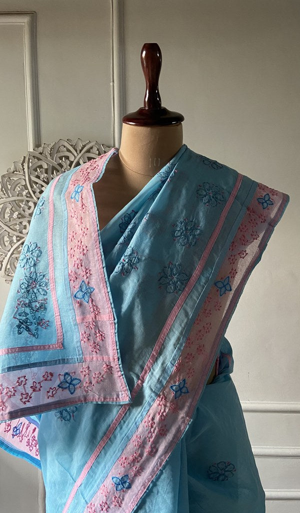 Sky blue cotton voile saree, full length on the mannequin