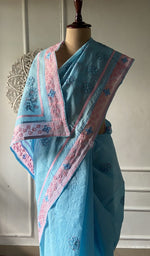 Load image into Gallery viewer, Sky blue saree draped to show the fall of the fabric