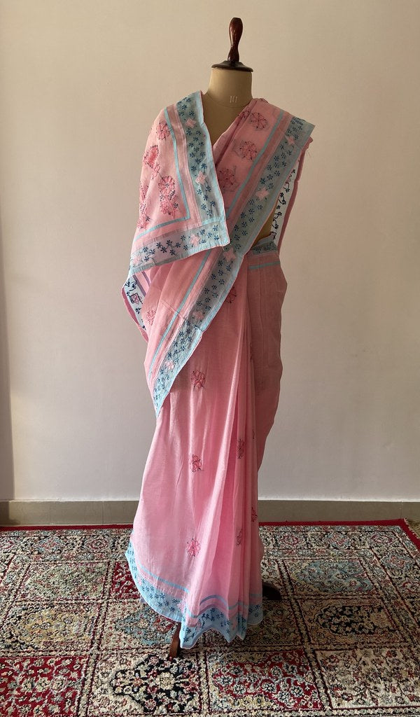 Pink cotton voile chikankari saree draped on the mannequin