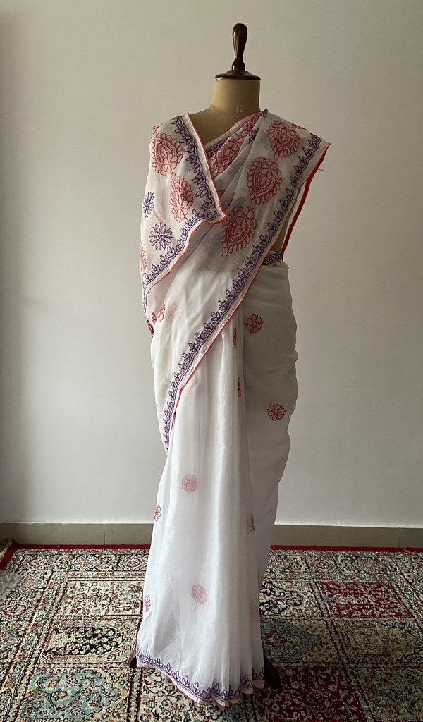 White cotton voile chikankari saree draped on the mannequin