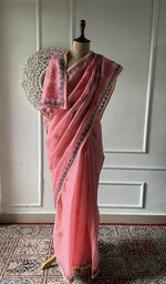 Load image into Gallery viewer, Pink cotton voile chikankari saree draped on the mannequin