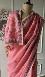 Load image into Gallery viewer, Pallu of the pink saree, chikankari worked across it