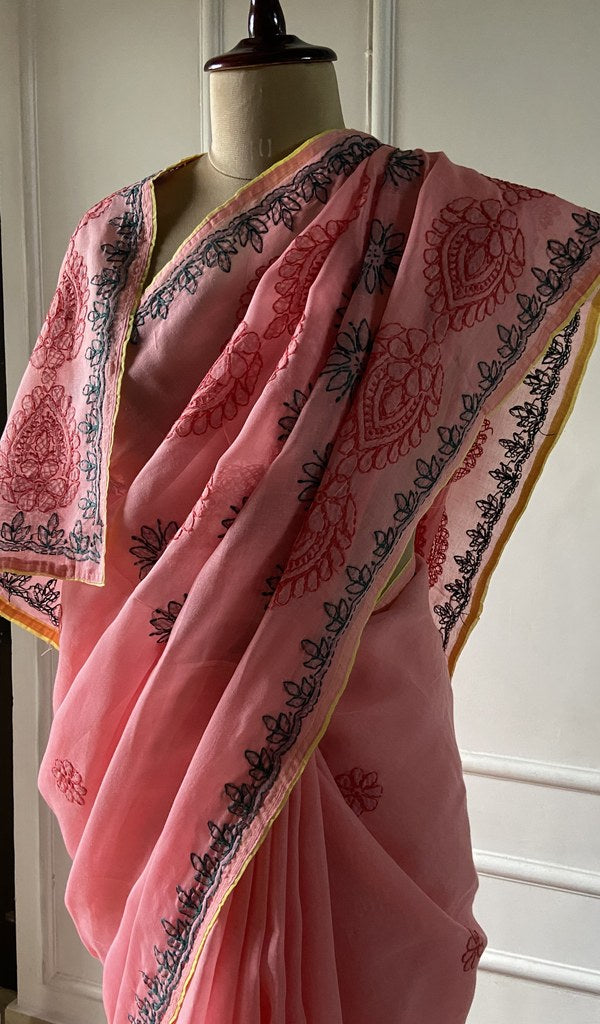 Border detail on the pink cotton voile saree