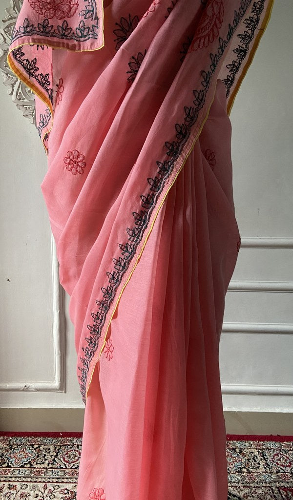 Chikankari on the pallu, seen close