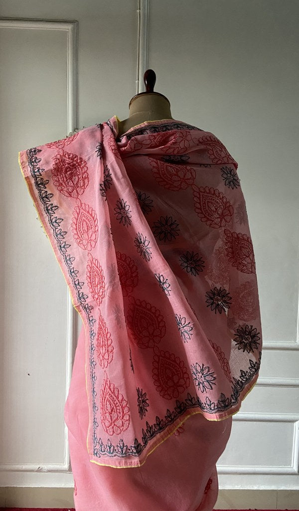 Pallu folded over the shoulder, work visible