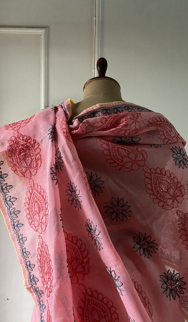 Body of the pink saree, chikankari across the ground