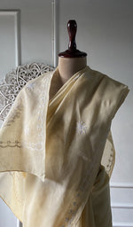 Load image into Gallery viewer, Pale yellow cotton voile saree, full length on the mannequin
