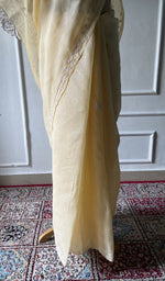 Load image into Gallery viewer, Pallu of the pale yellow saree, chikankari worked across it