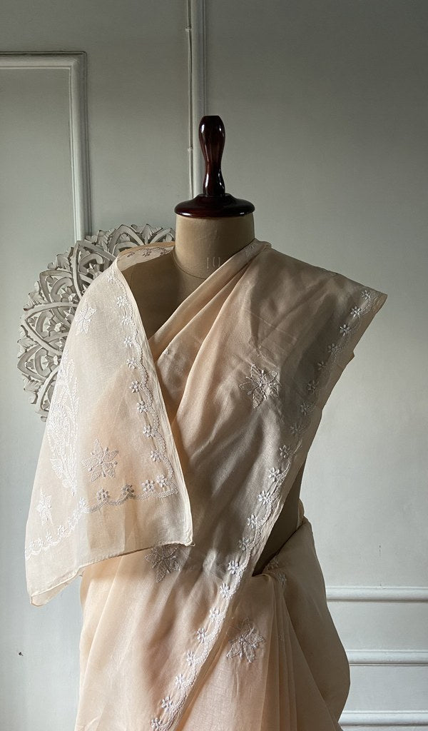 Ivory cotton voile saree, full length on the mannequin