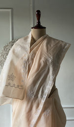 Load image into Gallery viewer, Ivory saree draped to show the fall of the fabric