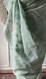 Load image into Gallery viewer, Sea green cotton voile saree, back of the drape