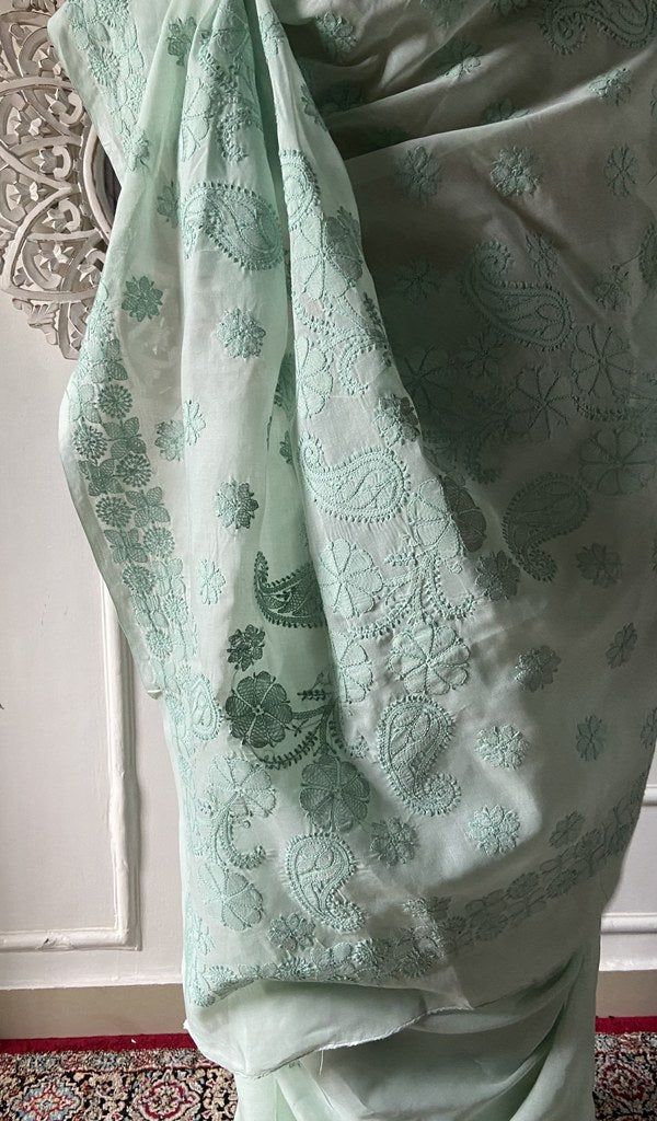 Sea green cotton voile saree, back of the drape