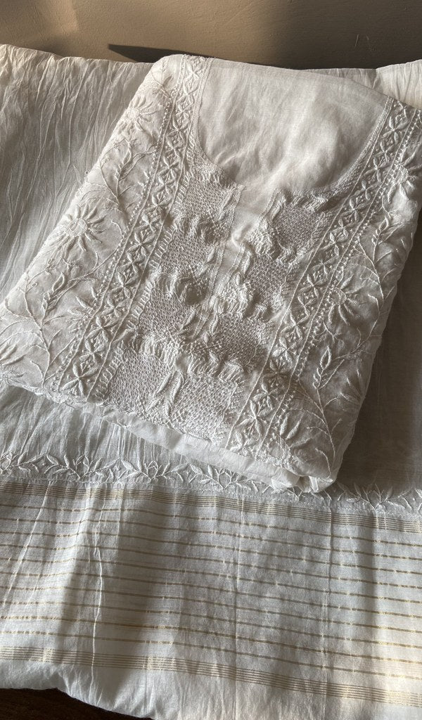 Folded white mul chanderi kurta, front view