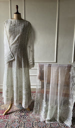 off white pure organza silk chikankari set on the mannequin with the dupatta