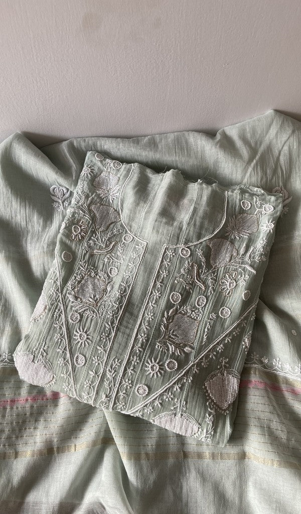 Green pure mul chanderi kurta piece folded, fine front and back jaaldar chikankari anarkali