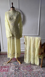 Load image into Gallery viewer, yellow pure mul chanderi chikankari set on the mannequin, dupatta on the stand