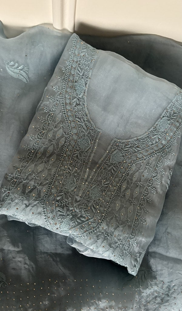 Folded sky blue organza silk kurta, front view