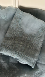 Folded sky blue organza silk kurta, front view