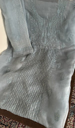 Stitch detail on the sky blue organza silk kurta