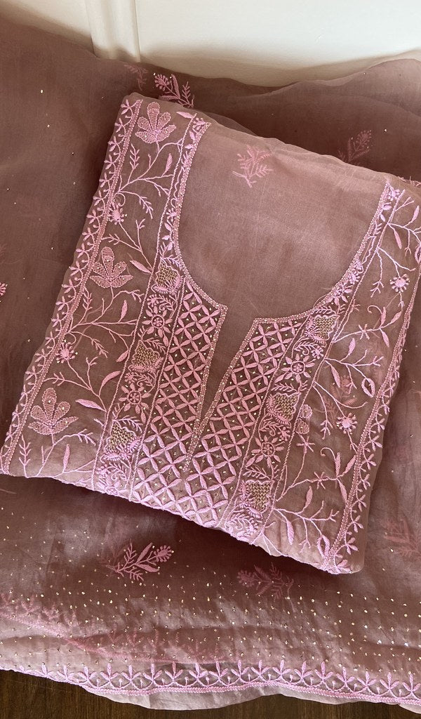 Folded dusty rose organza silk kurta, front view