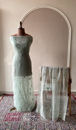 Mint green organza silk set on the mannequin with its dupatta